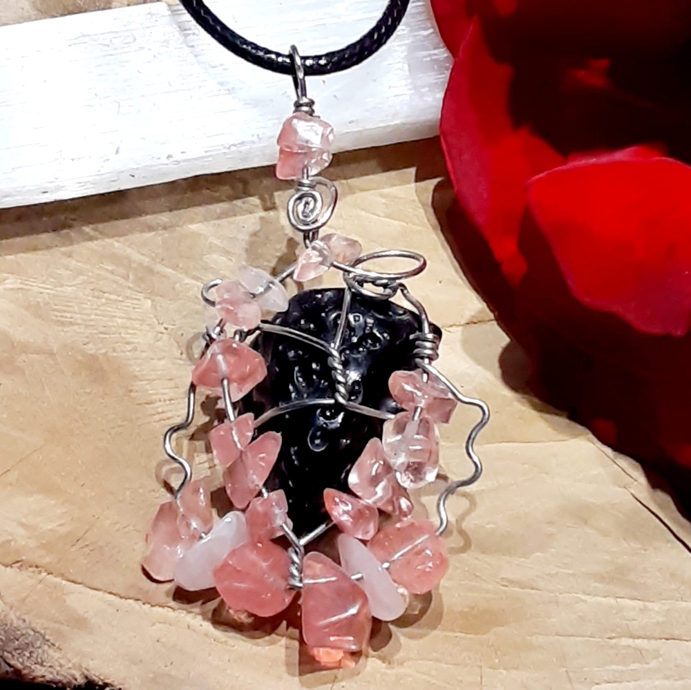 Boho Tektite, Strawberry Quartz Pendant Necklace